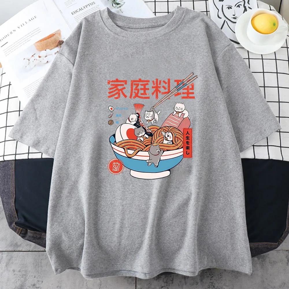 Ramen Cats Women Japanese Anime Characters T-shirts Casual T Shirts Summer Harajuku Kawaii Clothing Slight Strech