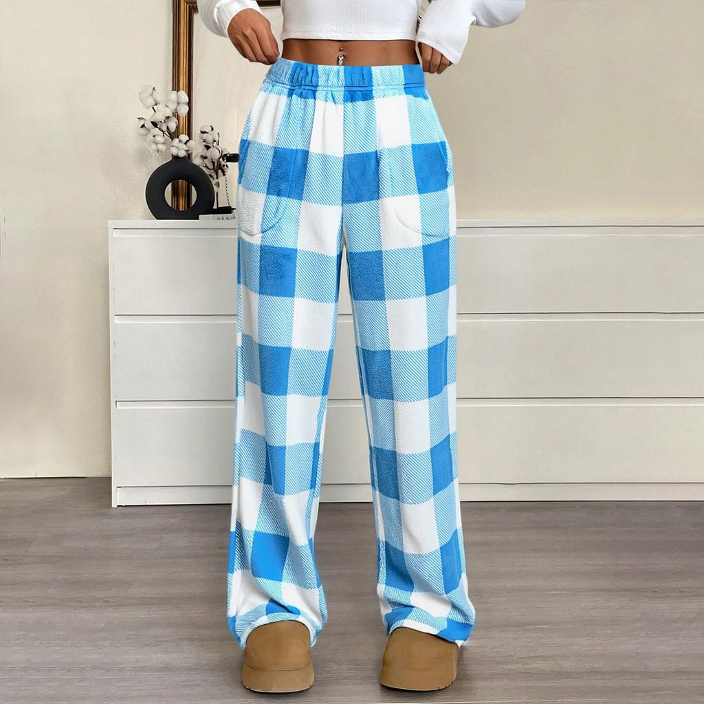 Women Pajama Pants Plush Sleep Pants Soft Elastic Waist Pajama Bottoms Plaid Pants With 2 Pockets