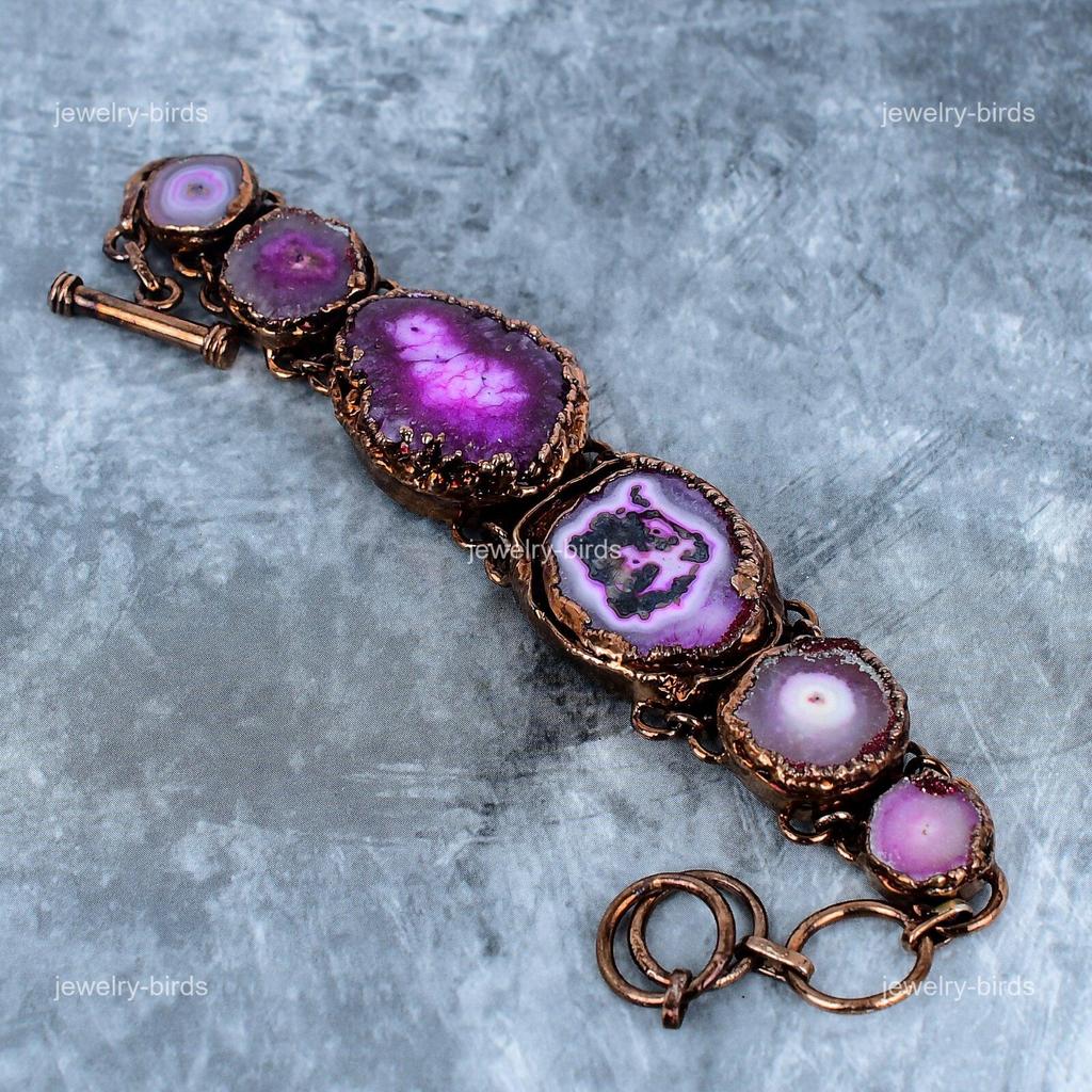 Natural Pink Solar Quartz Boho Friendship Electroformed Bracelet Jewelry Copper VP-120