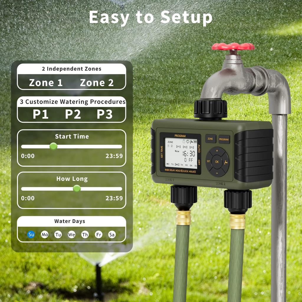 Diivoo 2 Zone Automatic Watering Timer Garden Irrigation Controller Outdoor With LCD Dispaly Waterproof Programmer for Lawn
