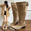 NEW 2025 Winter Belt Buckle Pointed Toe Women Knee-High Boots Fashion Vintage Square Low Heels Ladies Shoes