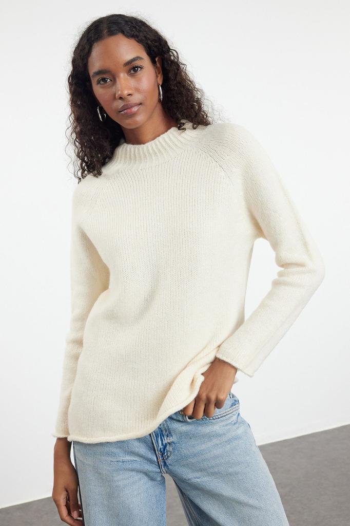 Women's Fashion Stylish Sweater Green Soft Textured Stand-Up Collar Seamless Knitwear Sweater