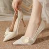 Fashion Elegant Flower String Bead Decoration Pumps Women Comfortable Pointed Toe Satin Brand Designer Shoes Fashion Wedding Bridal Shoe