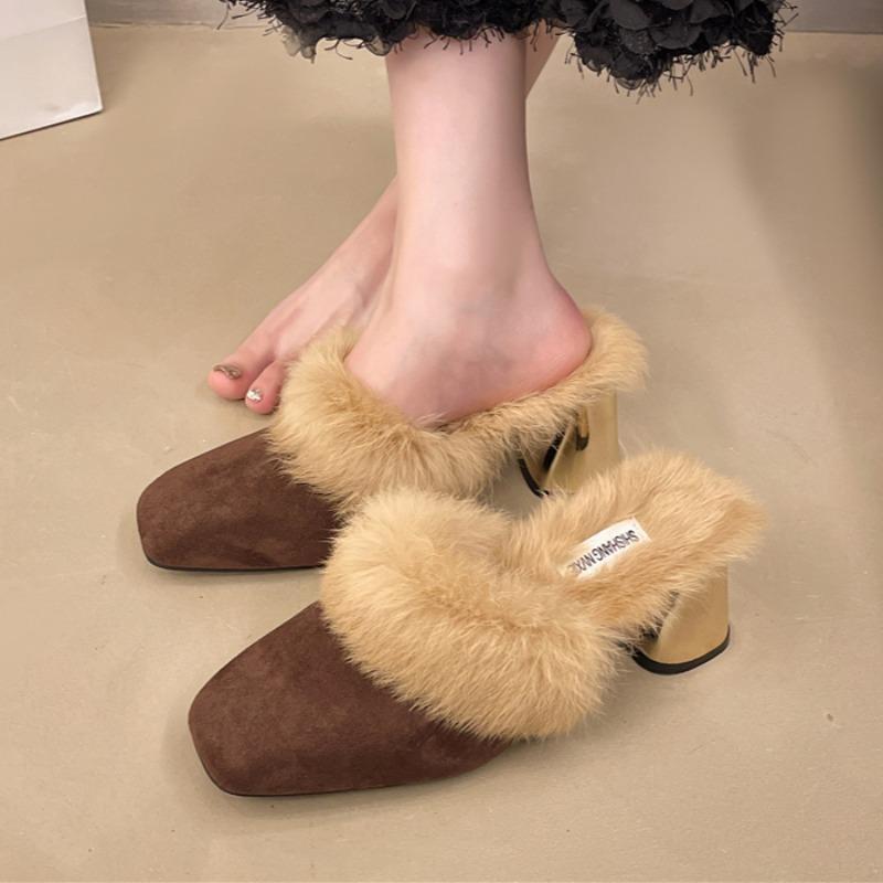 Women Fur High Heels Square Toe Slippers Cozy Suede Warm Plush Cotton Shoes Winter 2025 Trend Fashion Flip Flops Zapatos Mujer