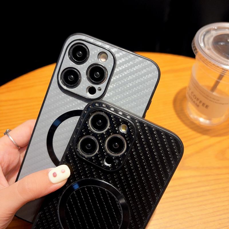 For Iphone 15 14 13 12 Pro Max 11 Carbon Fibre Pattern Tpu Soft For Magsafe Magnetic Wireless Charge Shockproof Lens Protection Case Cover