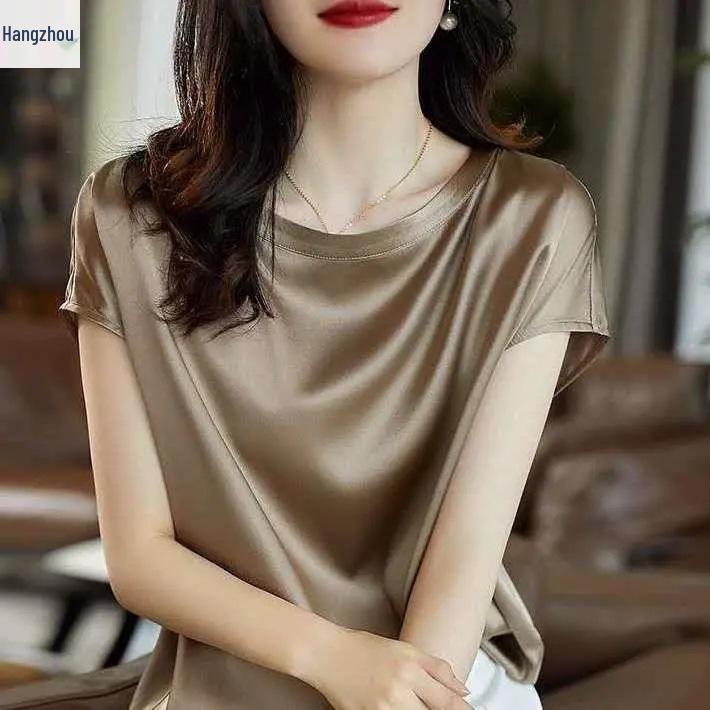 Women's Faux Satin Round Neck Top - Short Sleeve, Solid Color, Versatile, Drop Shoulder, Summer Style