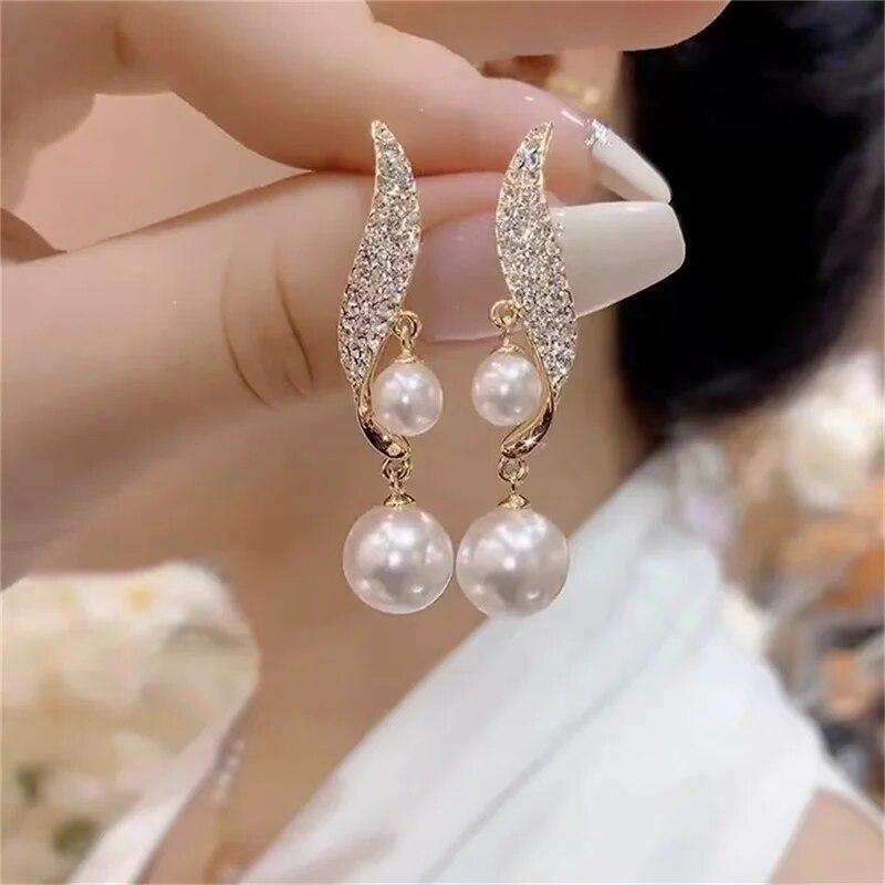 Women's Double Pearl Pendant Earrings