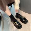 New British One-word with Square Buckle Metal Thick Sole Thick Heel Round Head Leather Loafer Small Leather Shoes Women's Thick Sole Increased Height