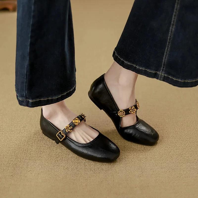 Fashion French Style Flat Ballet Shoes Women's Mango Head Soft Retro Mary Jane Shoes Leather Version Low Heel Round Toe Rubber Sole