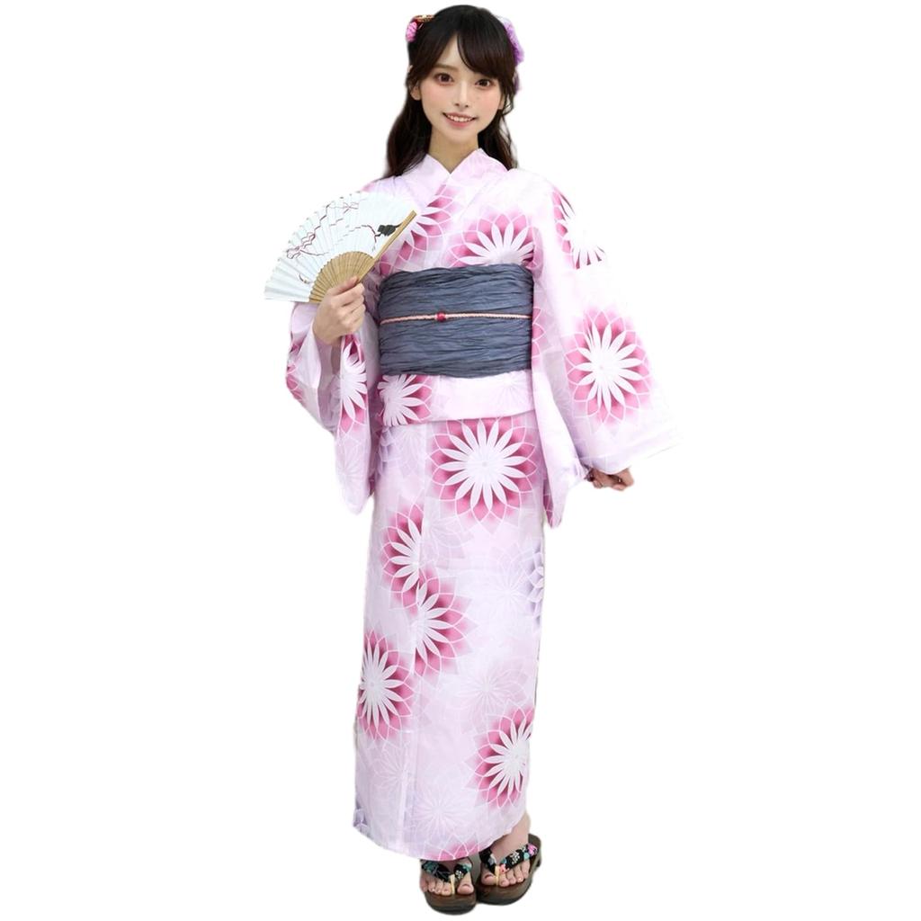 RAVIR Yukata Set with a Gorgeous Geometric Floral Fluffy Obi and Geta One Size Fits All Women's 3-Piece Pattern, Belt, Sandals, Pink,