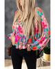 Multicolor Floral Print Smocked Square Neck Ruffles Blouse