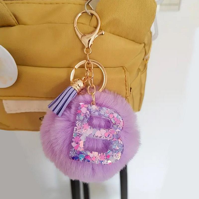 Adorable A-Z Letters Initial Keychain Sparkling Resin Alphabet Fluffy Hairball Pendant Backpack Decoration Accessories Gifts