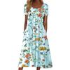 Lady Midi Dress Flower Print Round Neck Short Sleeves A-line Loose Hem Mid-calf Length Pleated Pockets Soft Breathable Lady Dating Party Dress