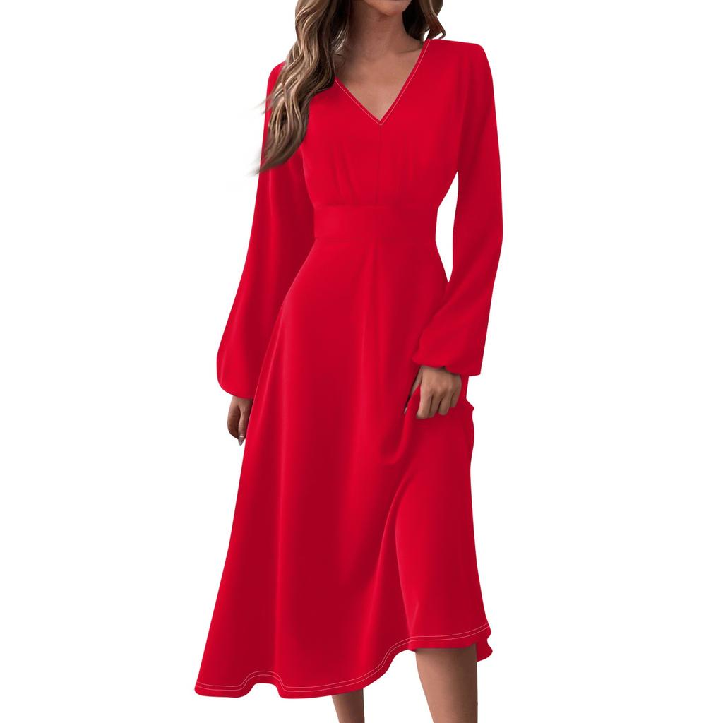 Women's Autumn And Winter Casual Fashion V-neck Long Sleeve Solid Color Long Dress