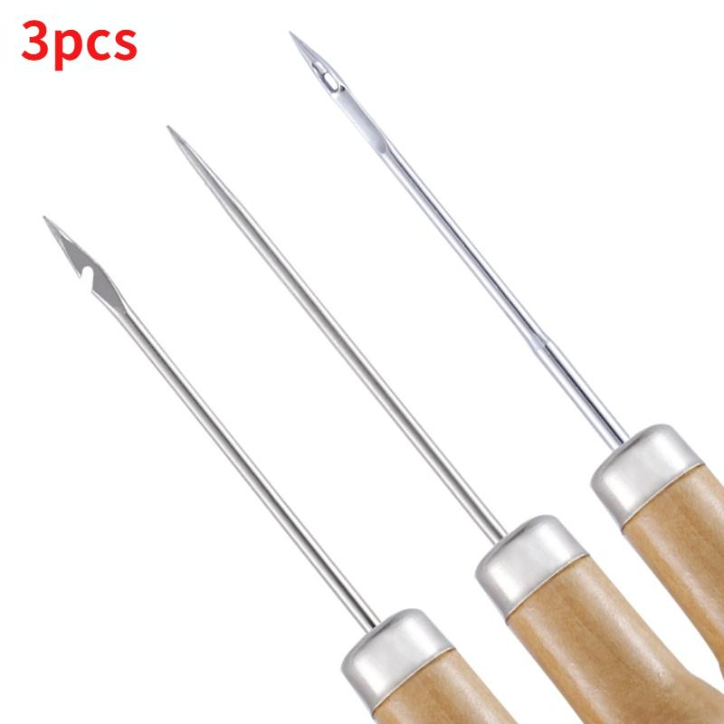 3PCS/SET Wooden Handle Shoes Repairing Awl Leather Shoe Sewing Cobbler Tool DIY Craft Repair Hand Stitcher Straight Curved Hook