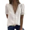 Women Summer Lace V-neck Chiffon Blouse Solid Color Embroidered Short Sleeve Top with Lining