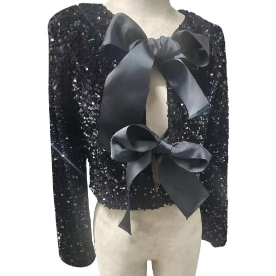 Women Sequin Jacket Big Bow Decor Loose Round Neck Long Sleeves Solid