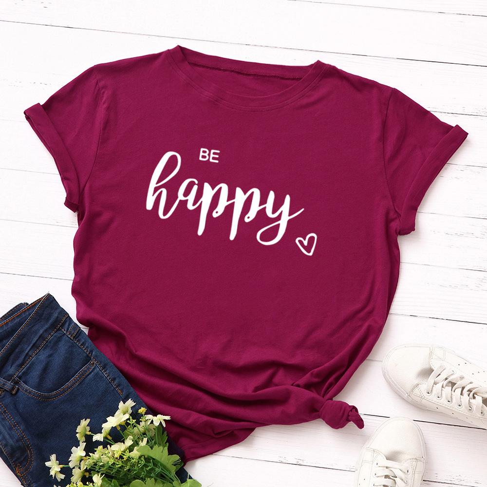 Be Happy Cotton T-Shirt Short Sleeve Round Neck Women 2d Print Tops