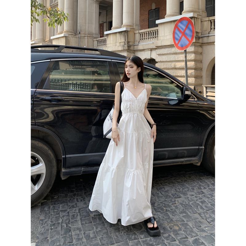 Women's White French Beach V-Neck Spaghetti Strap Maxi Dress