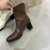 Soft Leather Brown Round Head Short Boots Women's High Heel Thick Heel Rear Zipper 2025 New Winter Korean Version Elastic Thin Boots