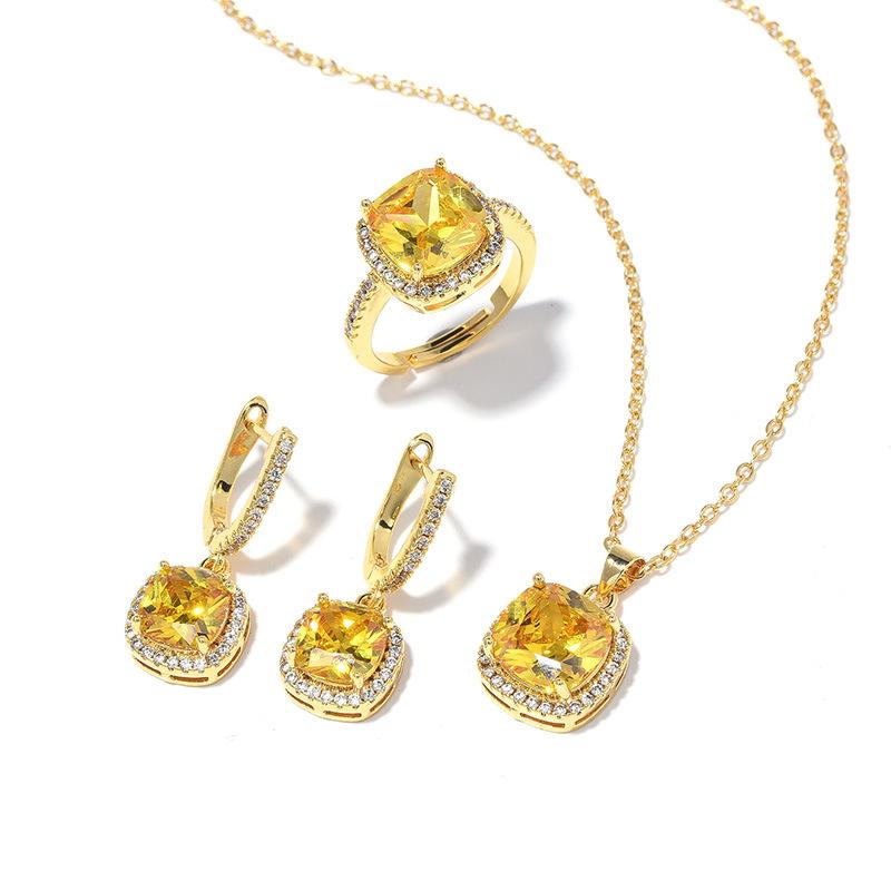 Square Zircon Ring Simple Fashion High Sense Personalized Earrings Necklace Set