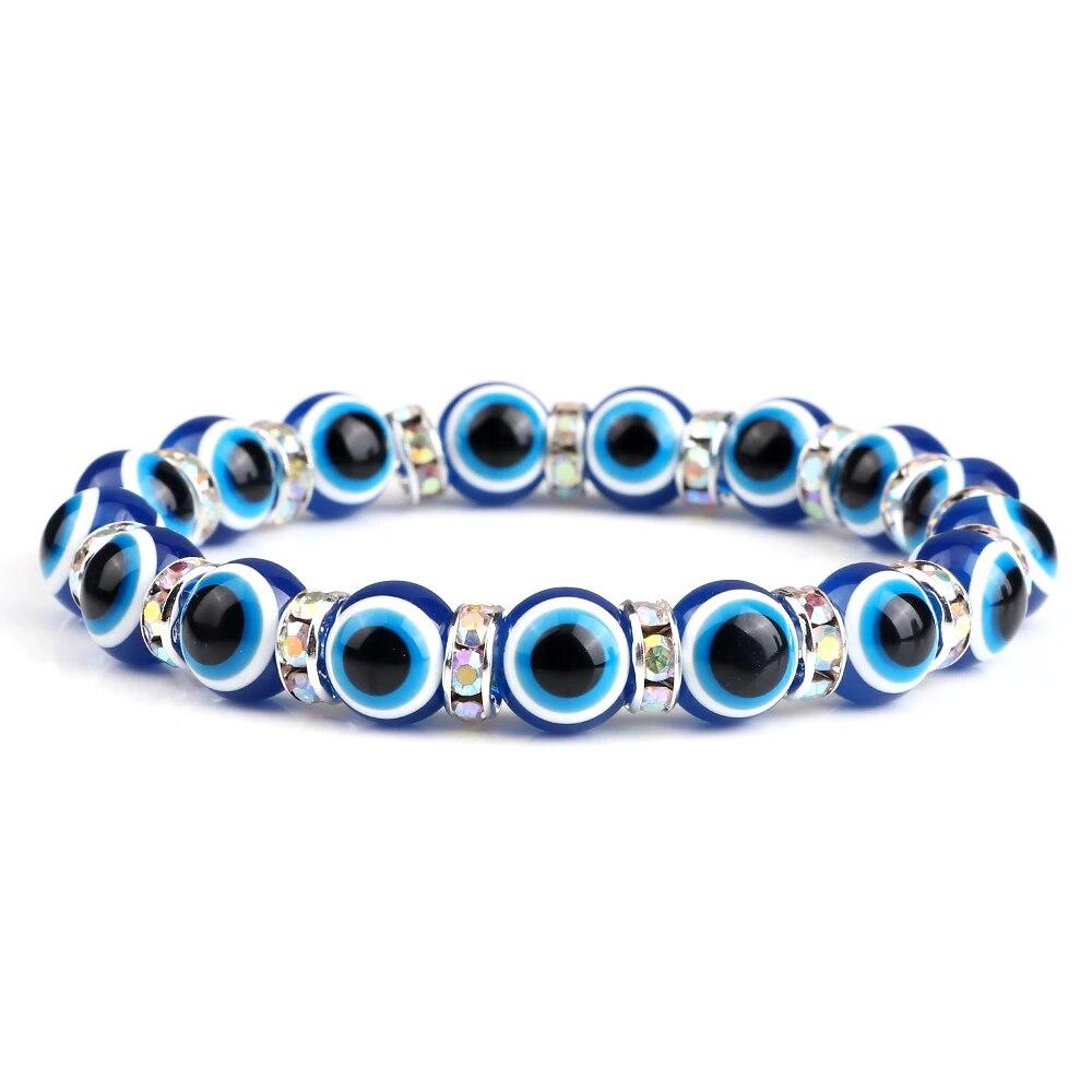 10mm Lucky Blue Evil Eye Bracelet Palm Butterfly Owl Elephant Pendant Charm Crystal Resin Beaded Bracelets for Women Men Jewelry