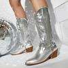 Embroidery Western Boots Women's Mid Calf Cowboy Boots Belt Buckle Chain Decor Shoes Comfy Med Heels Footwear