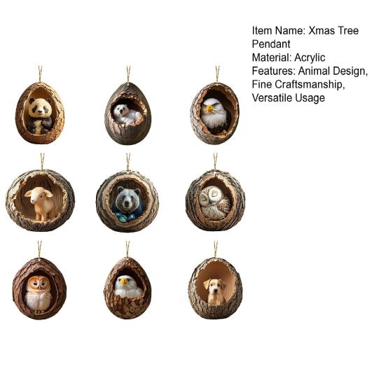 9Pcs/Set Christmas Tree Pendant Animal Hanging Ornament 2D Acrylic Owl Dog Panda Pattern Xmas Tree Decoration