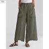 DX~~ Cotton Linen Wide-leg Pants, Mid-rise Casual Pants, Large Pocket Trousers