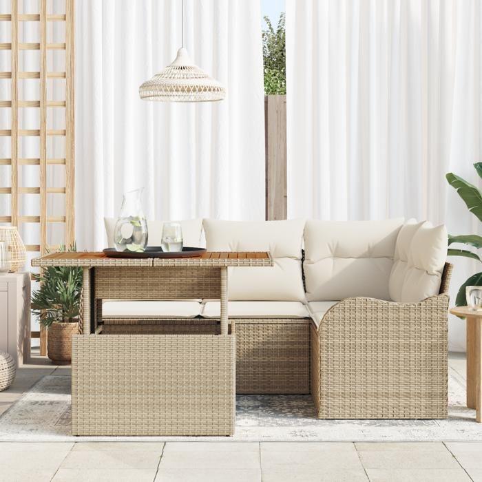 Canapé de Jardin 5 Pièces avec Coussins Beige Poly Rattan Acacia, Canapé de Jardin 2 Places avec Coussins Beige Poly Rattan 3349455