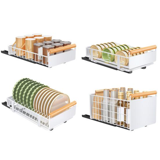 Bowl Dish Storage Rack Large Capacity with Adhesive Rail Pull Out Sliding Drawer Cabinet Organizer Detachable Drainage Plate Heavy Duty Slide Out