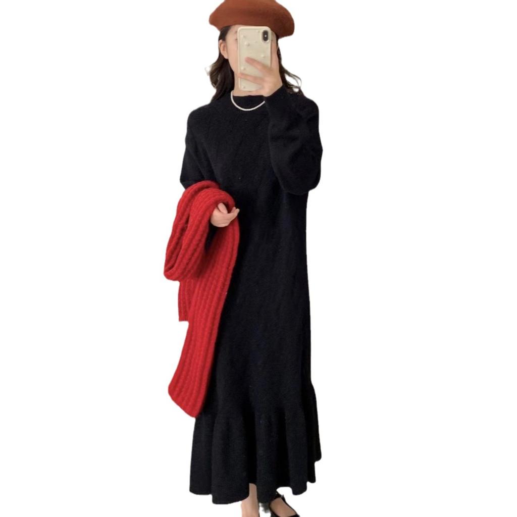 Large Size Women's Fashion Long Crew Neck Knitted Dress Women's Autumn and Winter Lazy Wind Loose Fish Tail Bottom Sweater Skirt