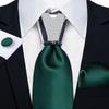 Men's Classic Solid Color Silk Green Tie Pocket Square Cufflinks Silver Ring Set Mens Formal Wedding Party