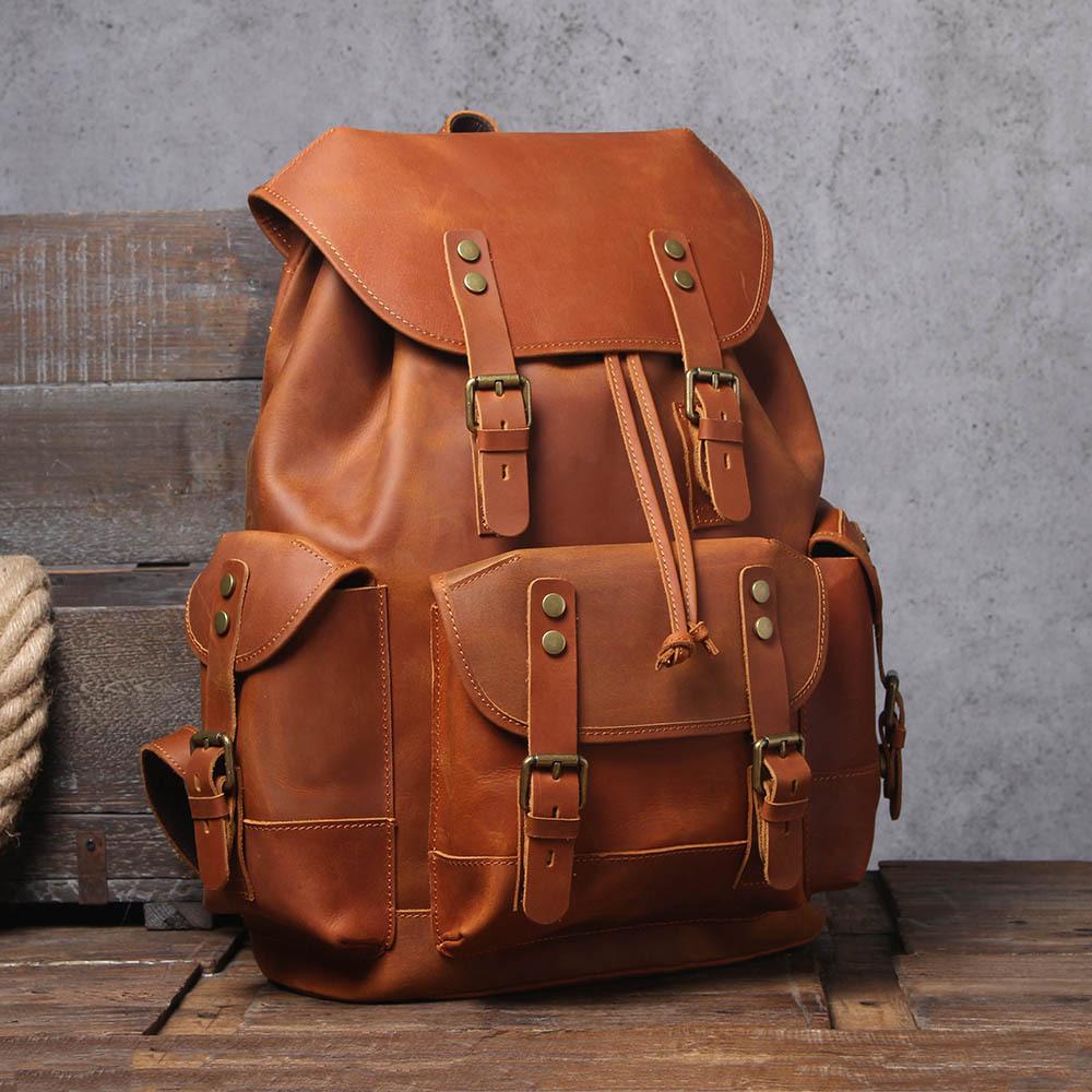 Retro Men's Large Capacity Genuine Leather Cowhide Backpack - Crazy Horse Travel & Motorcycle Bag