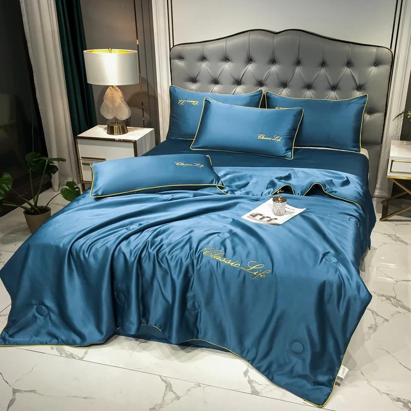 European Classical Solid Color Style Silk Summer Quilt Single KING QUEEN Size Cool Breathable Soft Skin-friendly