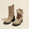 Retro Suede Western Cowboy Boots Women's Autumn and Winter Medium Tube Thick Heel Two Wear Lapel Short Boots Women's Belt Buckle Martin Boots