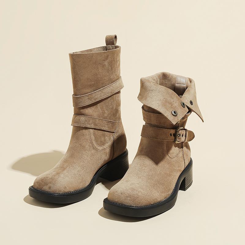 Retro Suede Western Cowboy Boots Women's Autumn and Winter Medium Tube Thick Heel Two Wear Lapel Short Boots Women's Belt Buckle Martin Boots