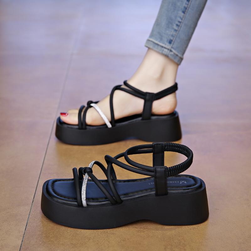 CRLAYDK Women's Sandals Strappy Elastic Band Slides Open Toe Ladies Beach Shoes Casual Walking Thick Sole Dressy Travel Slippers