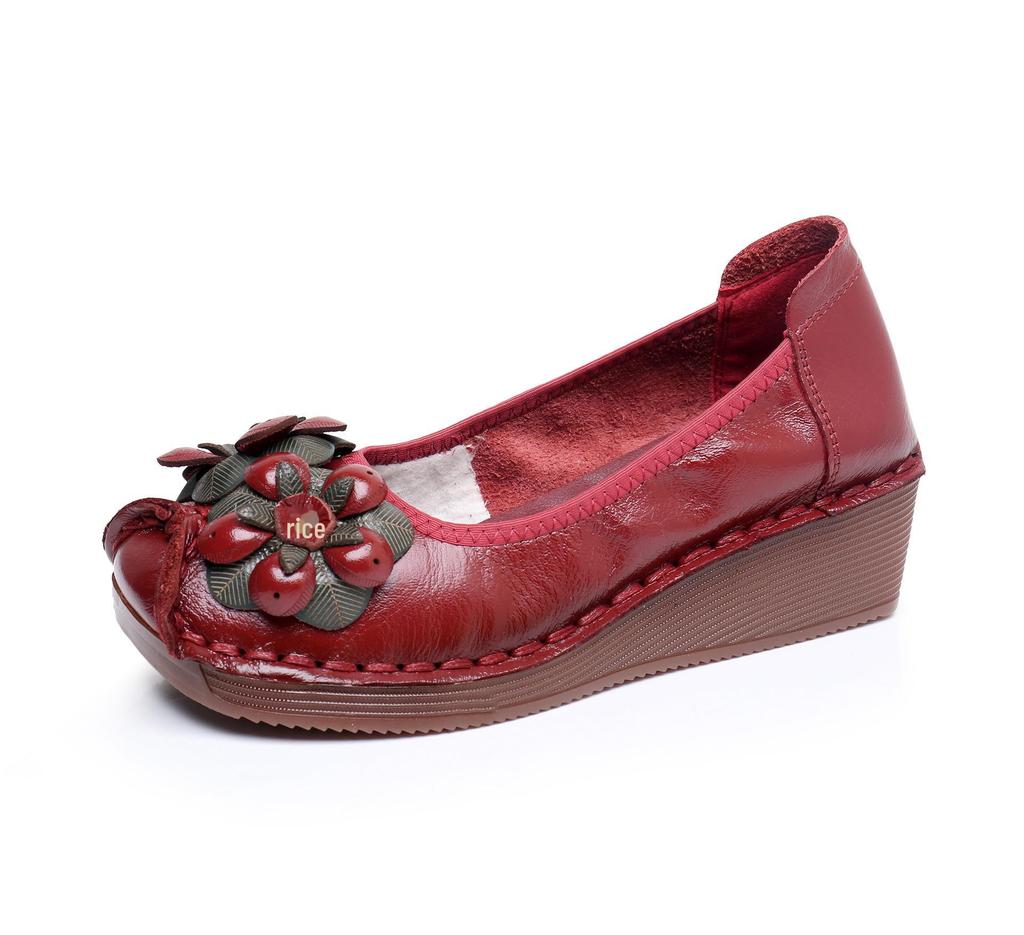 2024 Ethnic Style Cowhide Wedge Heels: Comfortable, Non-Slip, Floral Casual Shoes