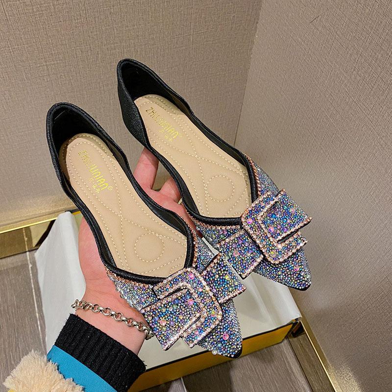 Plus Size Flats Shoes for Women Spring Pointed Toe Beautiful Bowknot Loafers Girl Slip-on Rhinestone Boat Shoes Summer Sandals