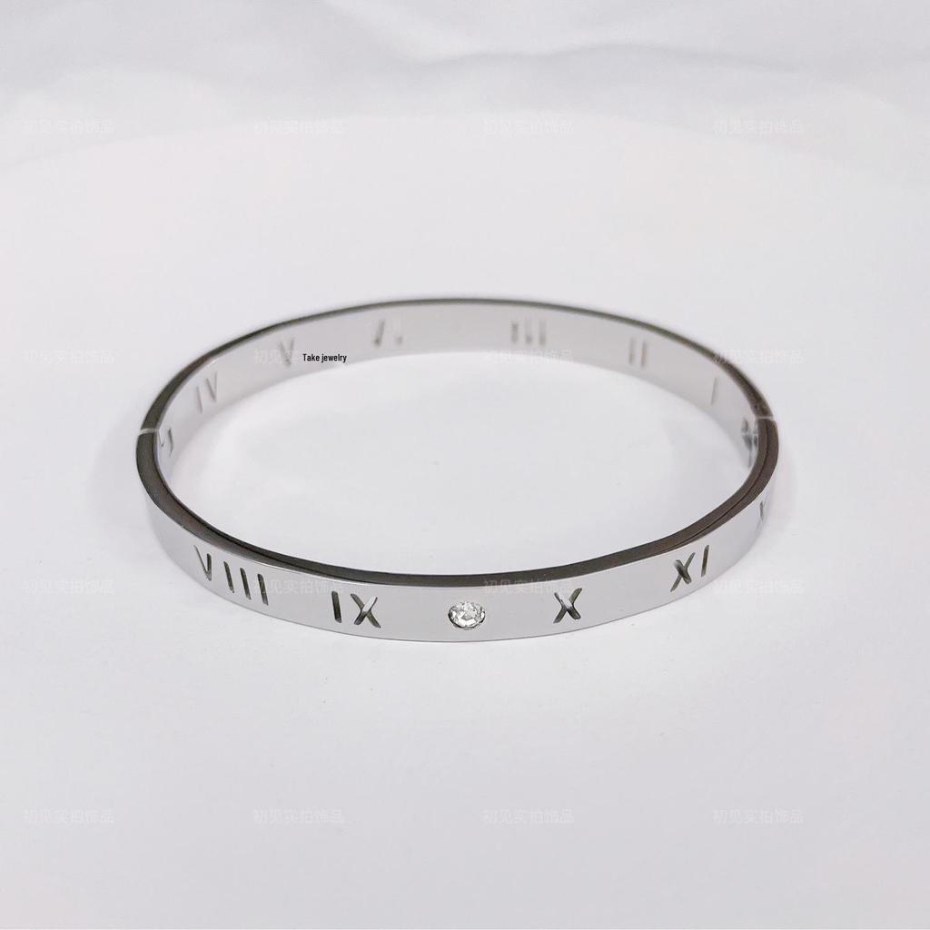 High-End Women's Silver Titanium Steel Zircon Bangle Bracelet