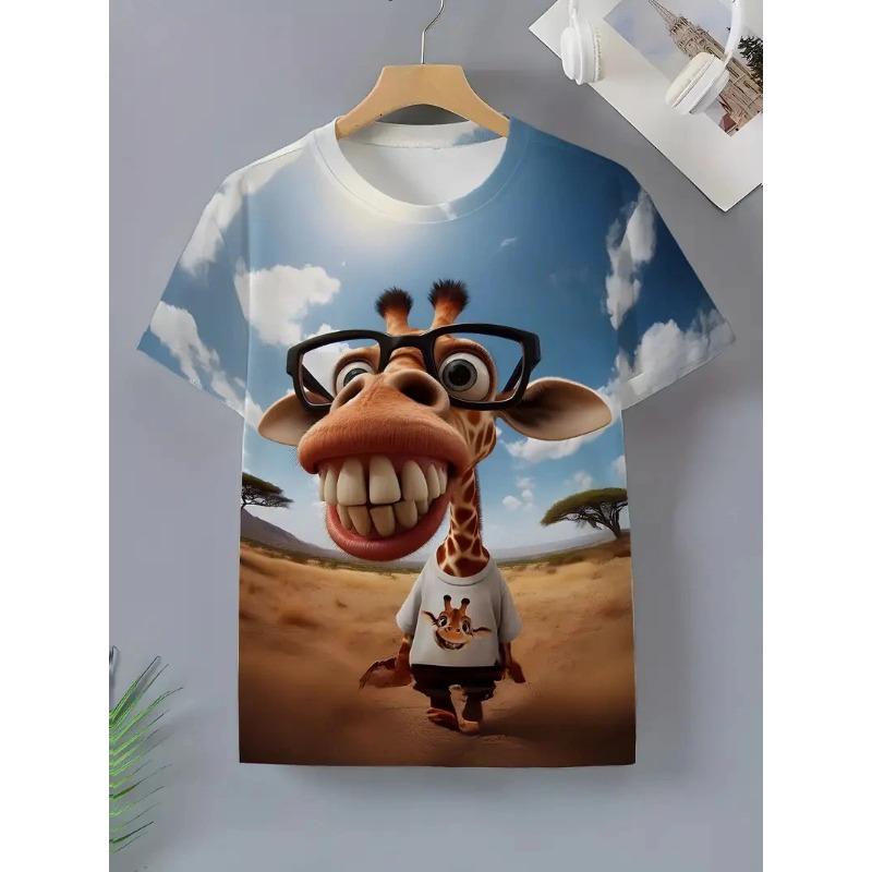 Summer Round Neck 3D Giraffe Graphic Print Top Fashionable Casual Short Sleeved Men's T-shirts