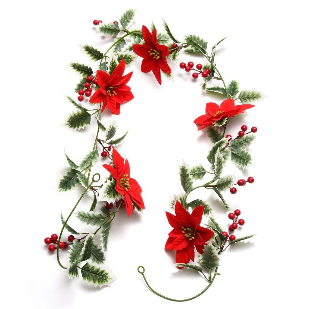 Artificial Poinsettia Garland Christmas Ornaments Flower String Light Holly Berry Green Leaf Vine for Xmas Tree Table Decoration