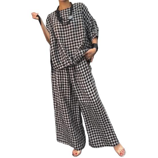 2 Pcs/Set Women Spring Top Pants Set Plaid Print Three-quarter Sleeves Round Neck Split Back T-shirt