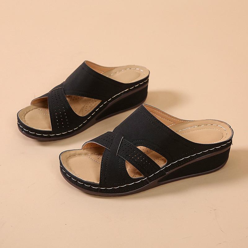 Foreign Trade Large Size 2025 Summer New Slope Heel Middle Heel Open Toe Cross Solid Color 35-43 Size Women's Slippers