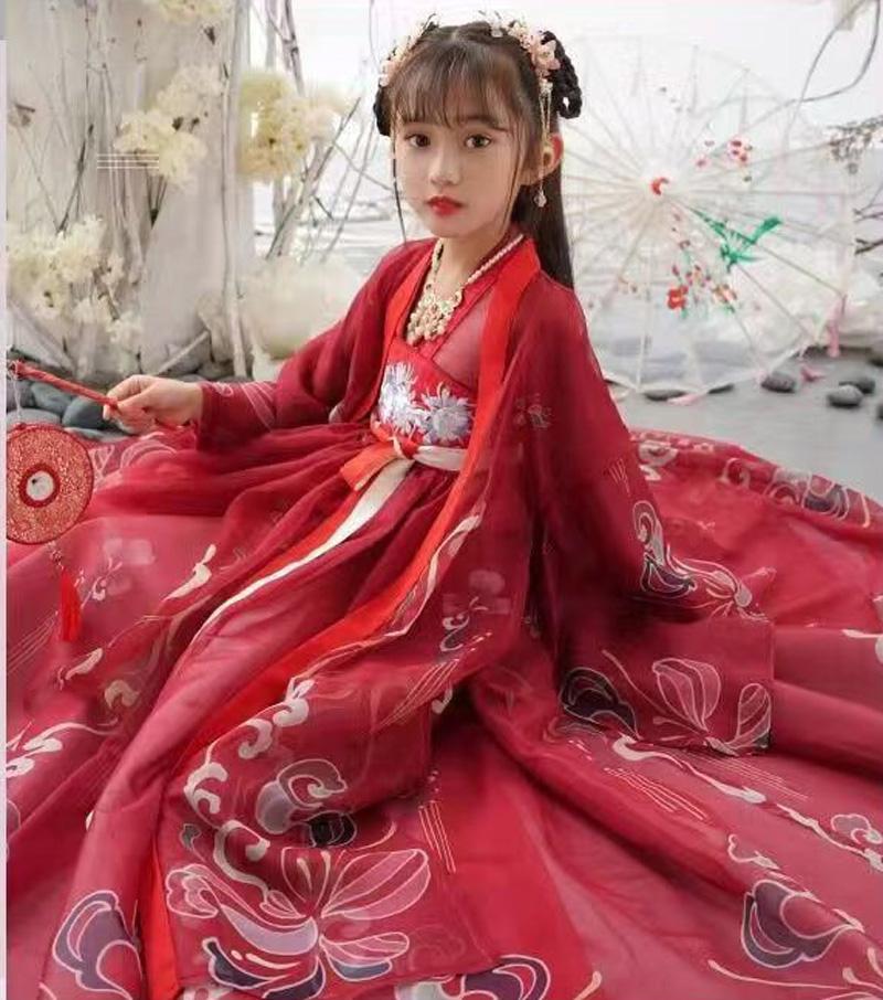 Chinese Hanfu Red Girls' Casual Dress