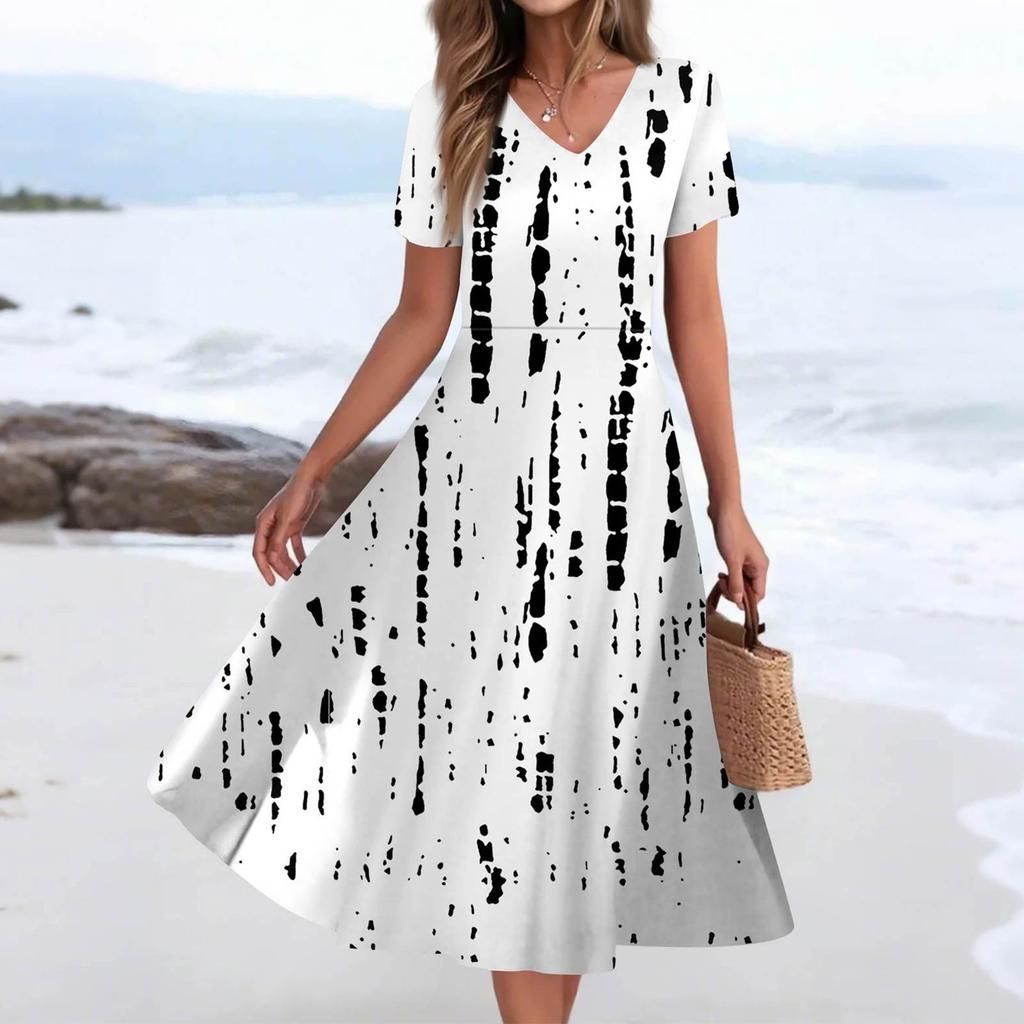Women's Summer Casual Fashion Print Pocket Short Sleeve V-Neck Swing Dress