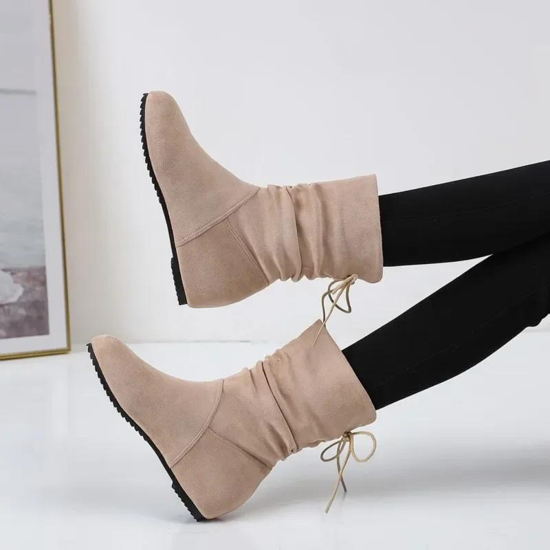 Fashion Ladies Shoes On Sale 2024 Lace Up Women's Boots Winter Round Toe Warm Solid Short Barrel Low Heel Large Size Fashion Boots
