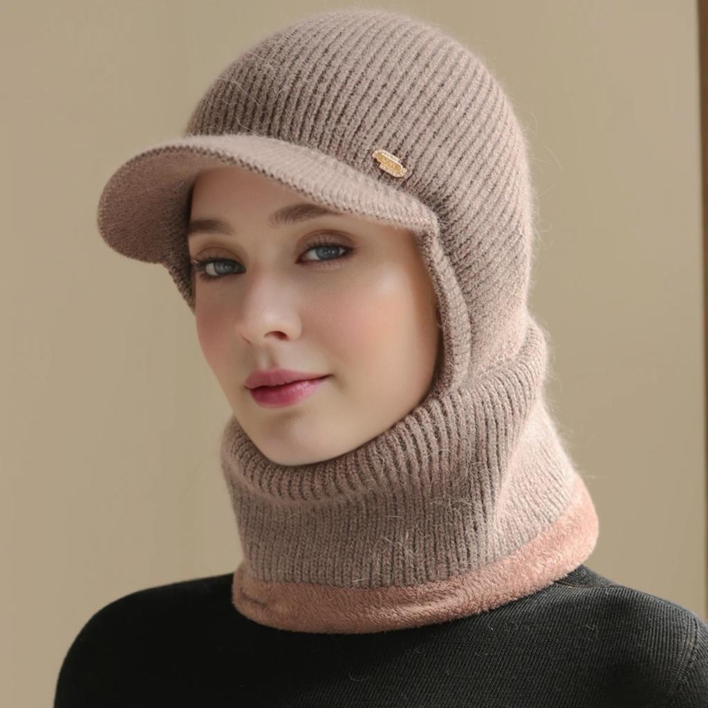 New Winter Balaclava Cap Women Keep Warm Windproof Knitted Hat Neck Protection Beanie Cap Plush Fur Lined Hats For Women