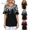 Short Sleeve Women Sexy O Neck Leaves Floral Print Cold Shoulder Loose T-shirt
